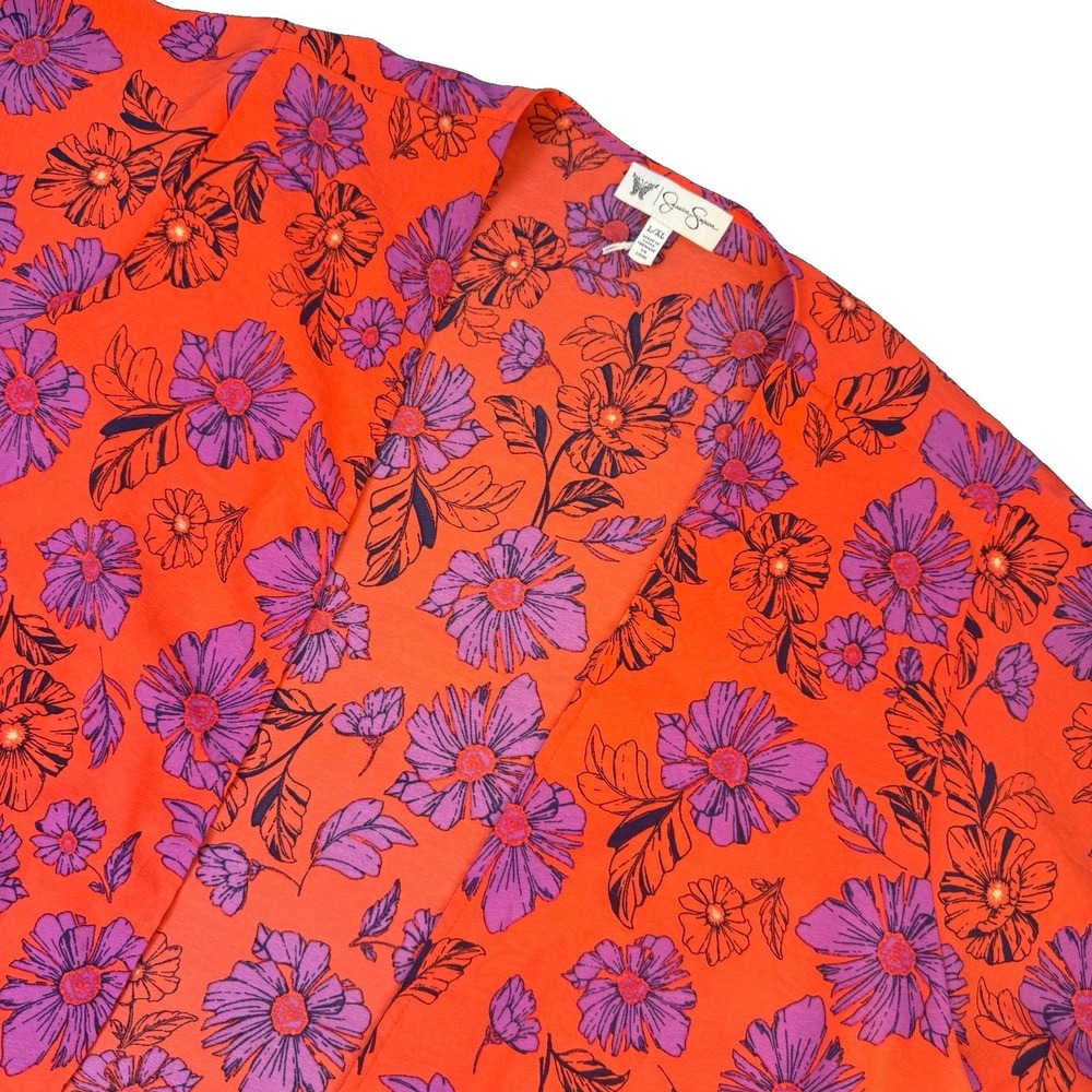 Jessica Simpson Kimono Duster Size L/XL Coral Purple Multi Floral Side Slits